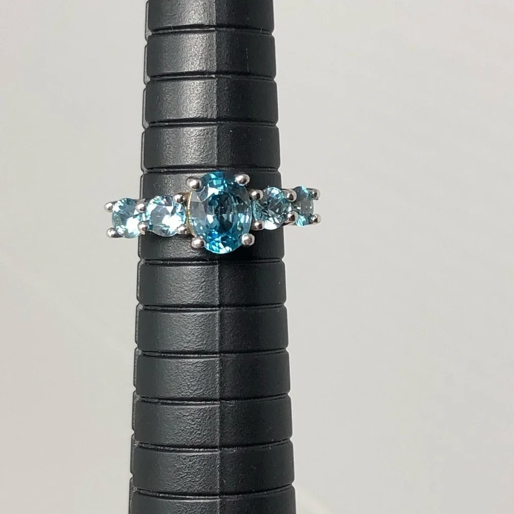Blue Topaz Ring Size 6 Five Stone Rhodium Over Sterling Silver